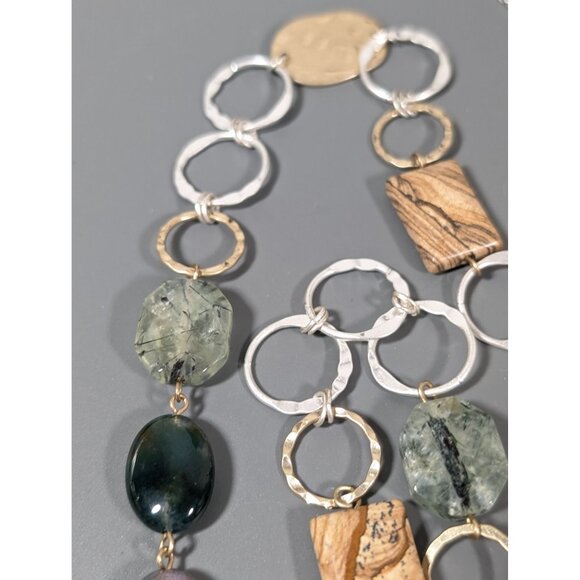 Boho Two Tone Hammered Rutliated Quartz Green Brown Jasper Stone Necklace 38" - Picture 5 of 8